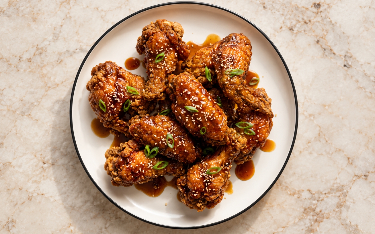 Korean soy garlic fried chicken showing craggy golden wings and drumettes lacquered in dark amber glaze with sesame seeds and sliced scallions, on marble surface