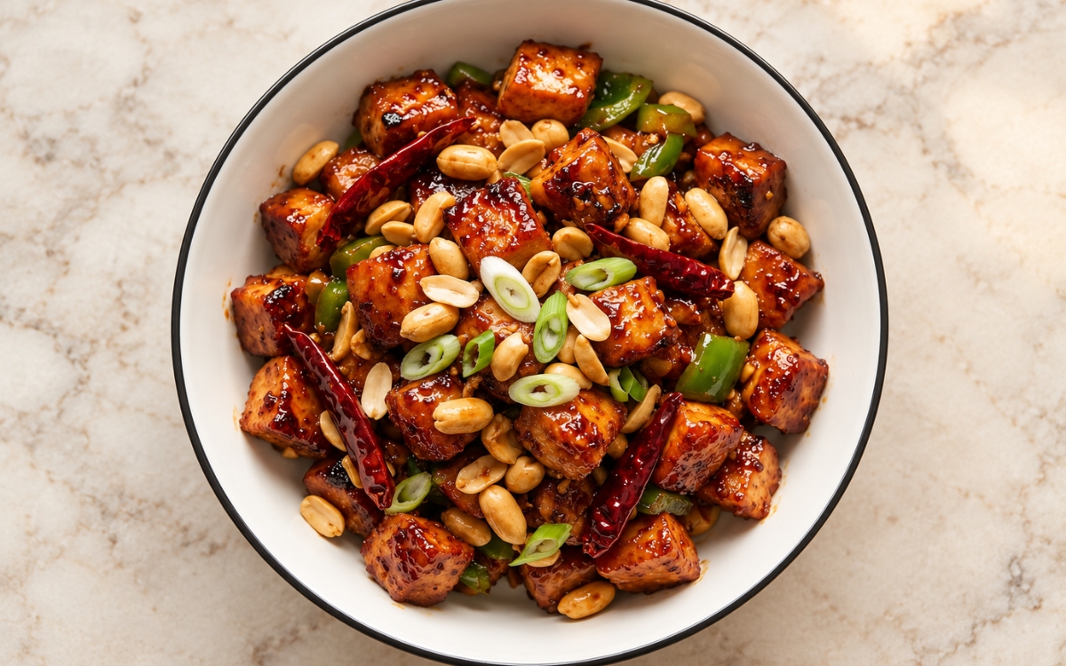 Kung Pao Chicken showing glazed chicken cubes with whole roasted peanuts, dried red chilies, sliced scallions and green bell pepper pieces, on marble surface