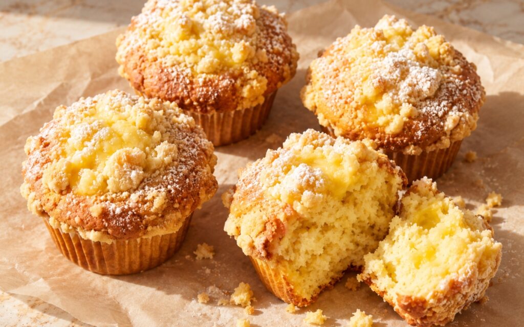 Lemon crumble muffins dusted with powdered sugar and topped with buttery crumble