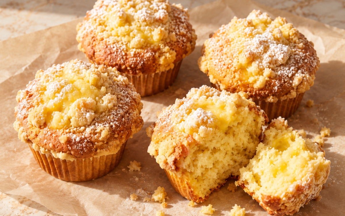Lemon crumble muffins dusted with powdered sugar and topped with buttery crumble