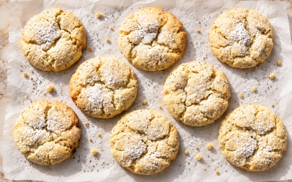 Lemon poppy seed crinkle cookies with crackled powdered sugar tops