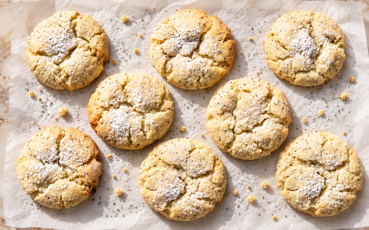 Lemon poppy seed crinkle cookies with crackled powdered sugar tops