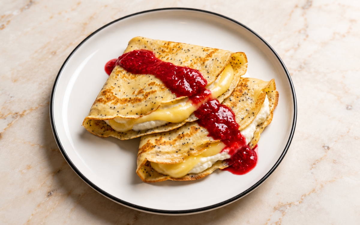 Folded lemon poppyseed crepes filled with lemon curd and whipped ricotta, topped with raspberry mash