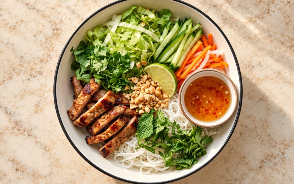 Lemongrass Pork Vermicelli Bowl showing charred sliced pork over rice vermicelli with shredded lettuce, cucumber batons, pickled carrot and daikon, herbs, peanuts and lime, on marble surface