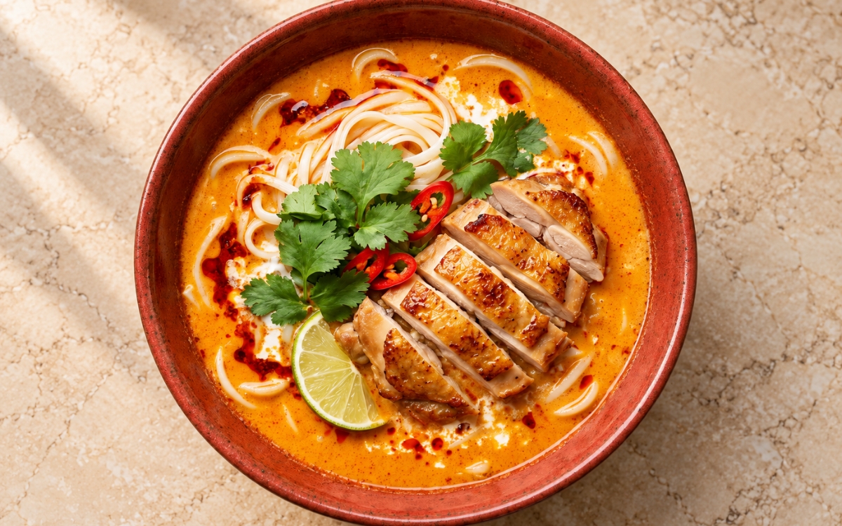 Malaysian Laksa Noodle Soup showing rice noodles in vivid orange coconut curry broth topped with sliced chicken, cilantro, red chilli and lime wedges, on marble surface
