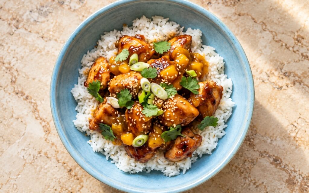 Mango Chutney Chicken Rice Bowl showing browned chicken in a glossy amber glaze with mango cubes over jasmine rice, topped with scallions and sesame, on marble surface