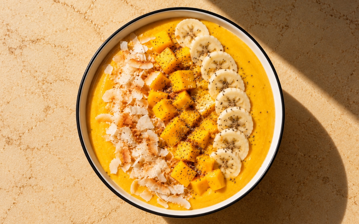 Mango coconut smoothie bowl showing a thick vivid golden-yellow base topped with neat sections of mango cubes, banana coins, toasted coconut flakes, and chia seeds, on marble surface