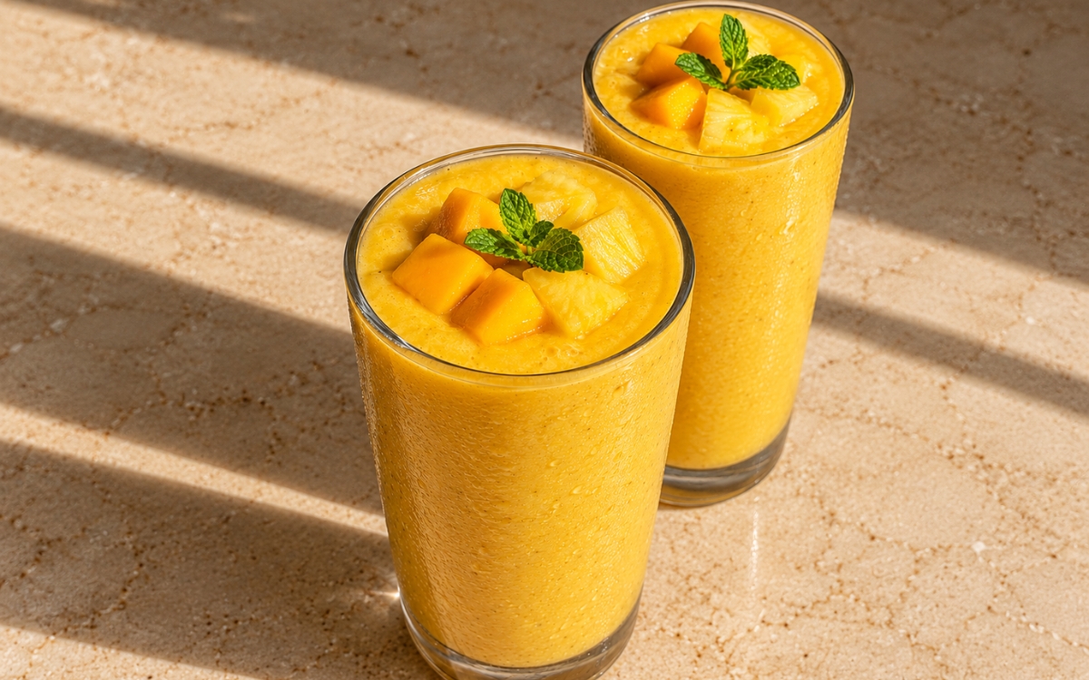 Mango pineapple smoothie showing a thick glossy golden-orange smoothie topped with mango cubes, pineapple pieces, and fresh mint, on marble surface