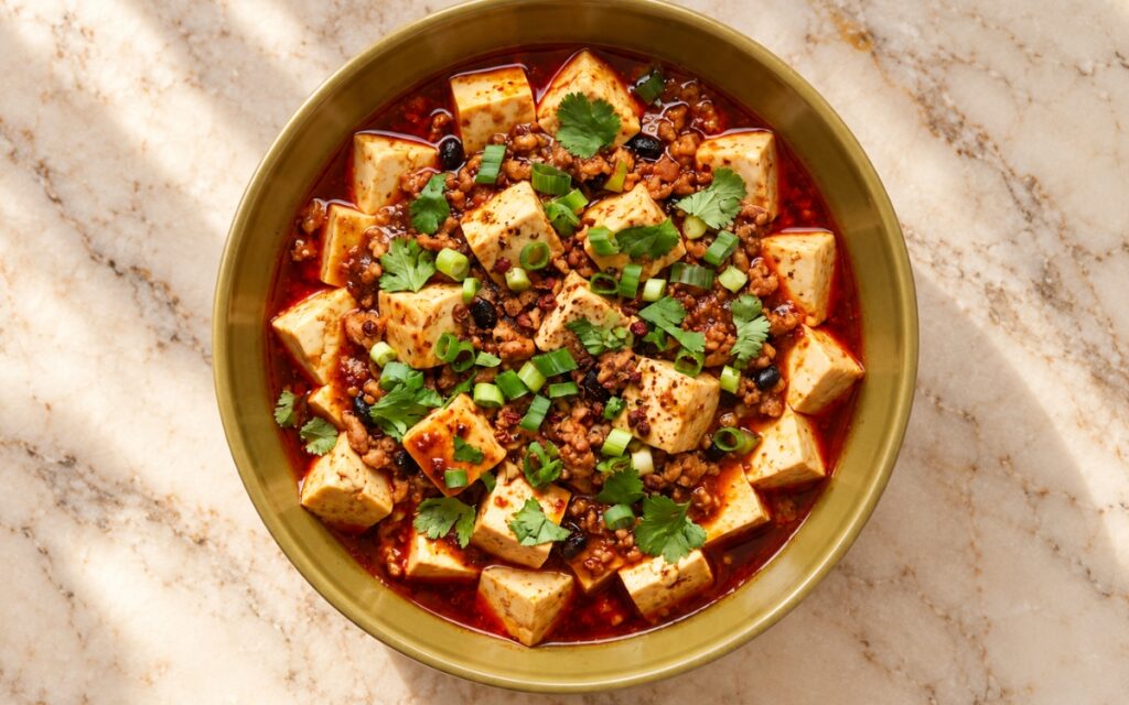 Mapo Tofu showing soft tofu cubes in glossy red chili oil sauce with browned minced pork, scallions, cilantro and dark fermented black bean bits, on marble surface