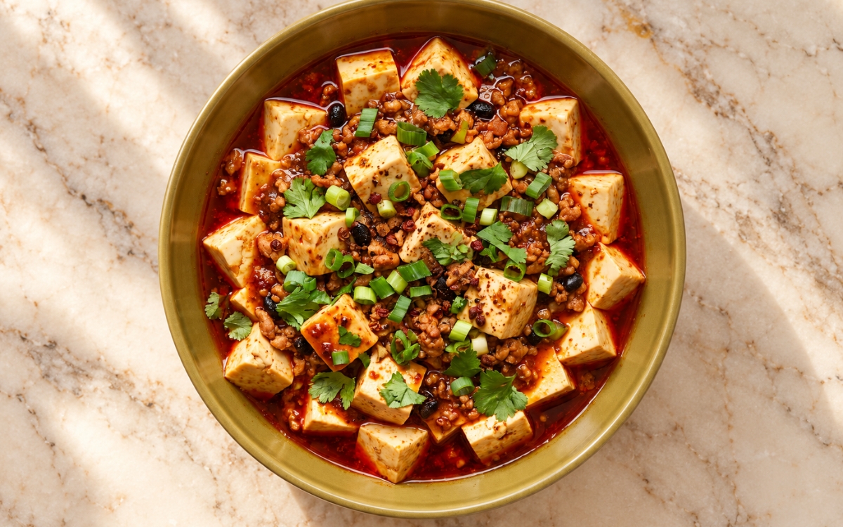 Mapo Tofu showing soft tofu cubes in glossy red chili oil sauce with browned minced pork, scallions, cilantro and dark fermented black bean bits, on marble surface