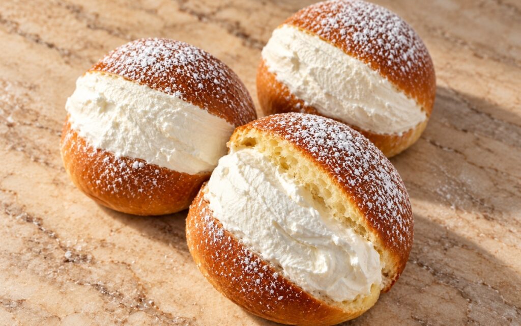 Maritozzo buns split and filled with thick whipped cream, dusted with powdered sugar