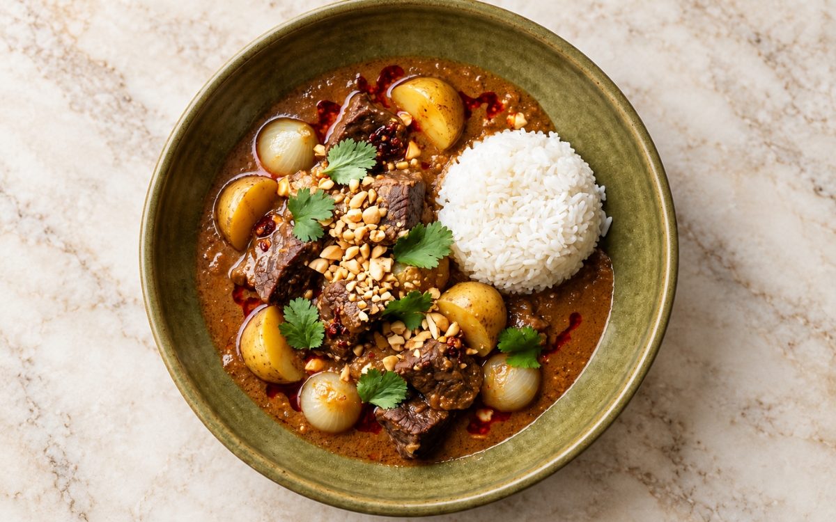 Massaman Beef Curry showing fork-tender beef chunks, baby potatoes and pearl onions in a deep-brown coconut sauce with crushed peanuts, cilantro and jasmine rice, on marble surface