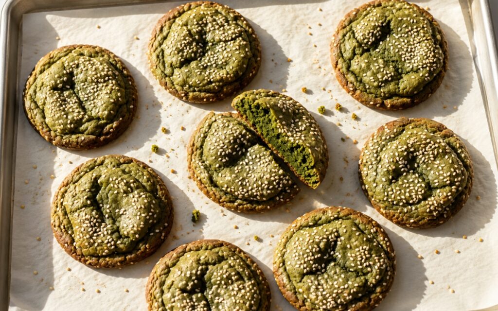 Matcha sesame cookies showing muted green wrinkled tops coated in white sesame seeds