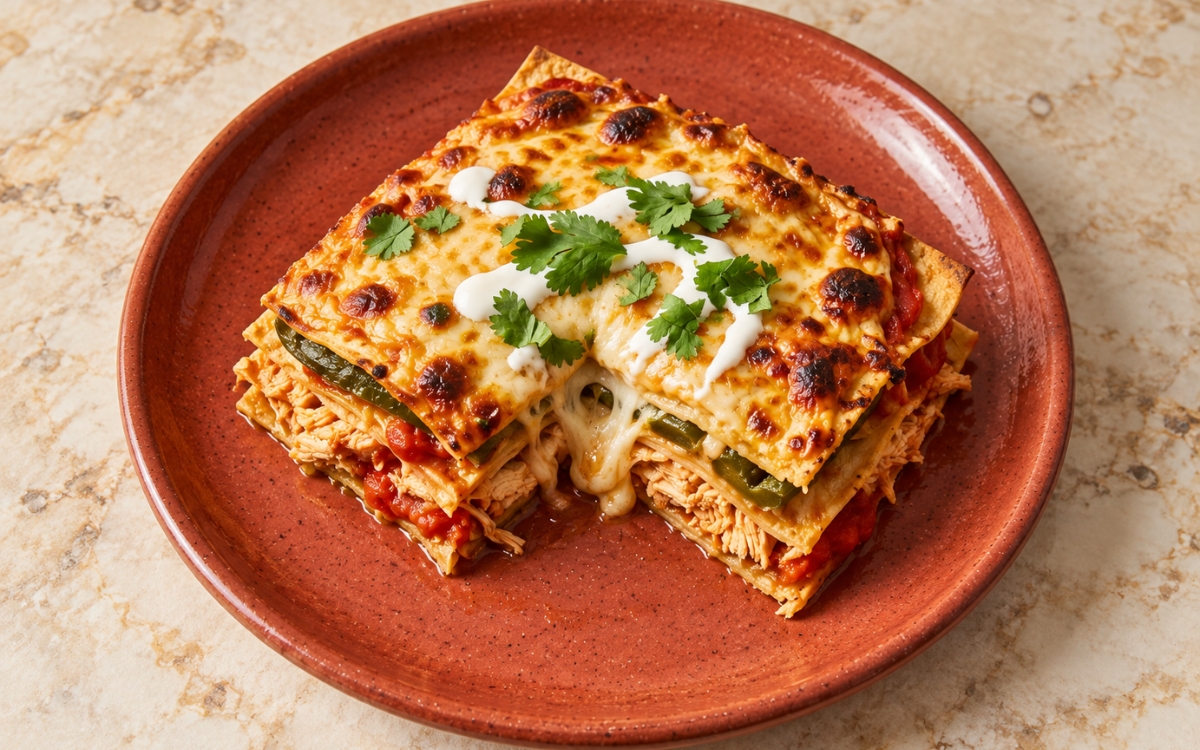 Mexican pastel azteca showing a clean square slice with layered corn tortillas, shredded chicken, poblano rajas, red sauce, and melted golden cheese, on marble surface