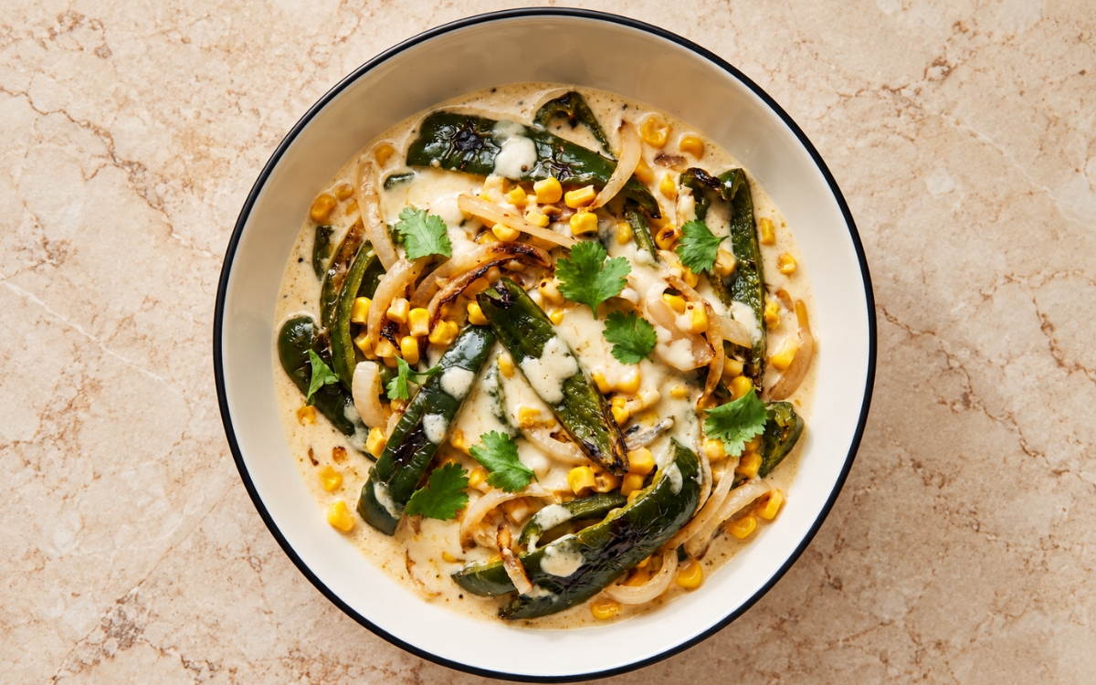 Mexican rajas con crema showing dark green poblano strips, sweet corn, and onions in a pale creamy sauce with melted white cheese and cilantro, on marble surface