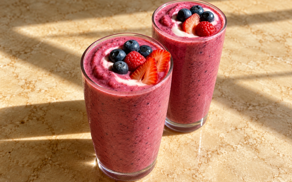 Mixed berry protein smoothie showing a thick deep-pink smoothie topped with a yogurt swirl, blueberries, raspberries, and sliced strawberries, on marble surface