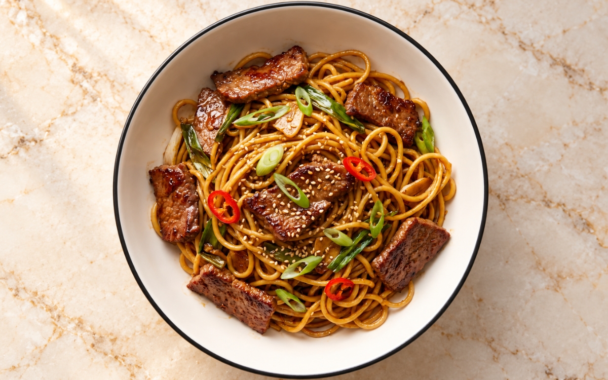 Mongolian Beef and Noodles showing glossy lo mein noodles with dark seared beef, scallion pieces, sliced garlic, sesame seeds and red chilli slices, on marble surface