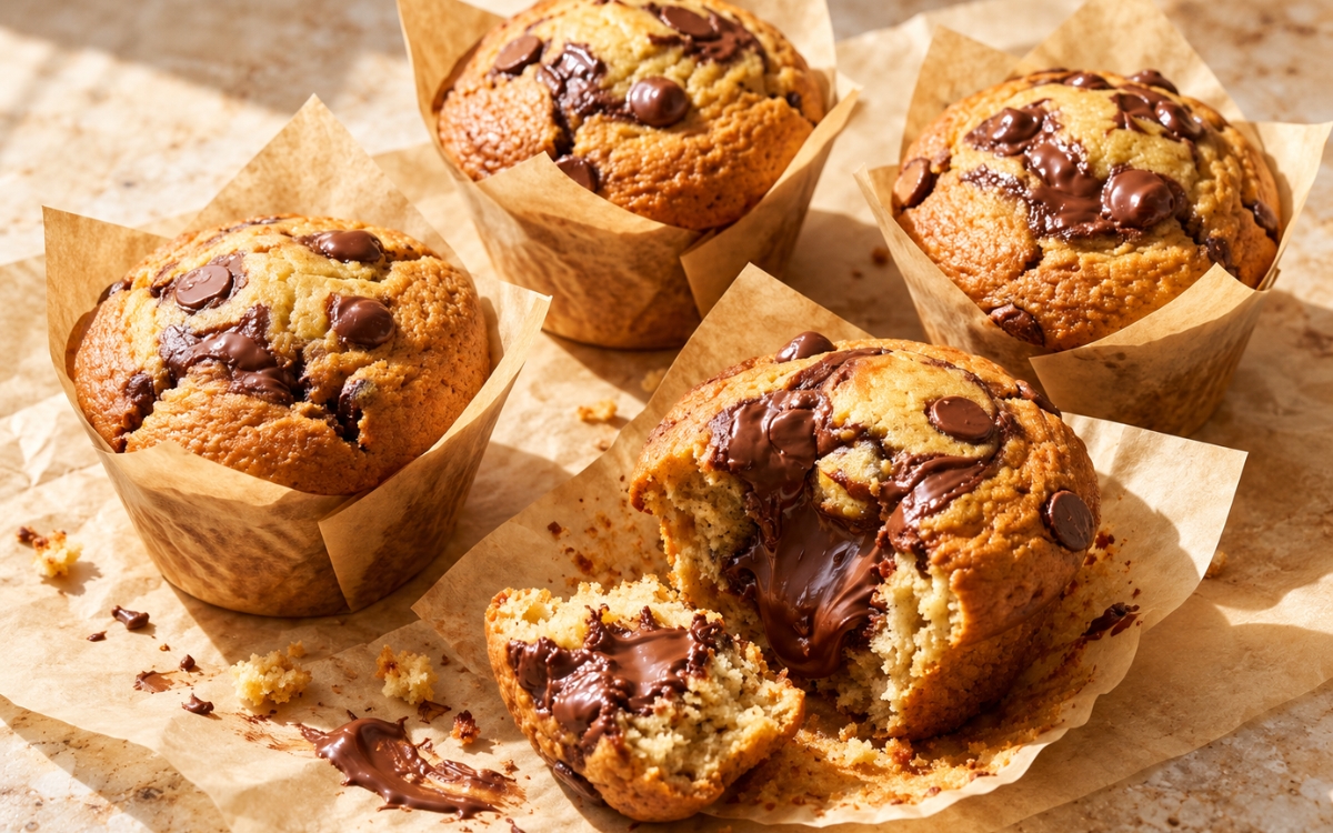 Nutella chocolate chip muffins with tall domed tops and a gooey Nutella center