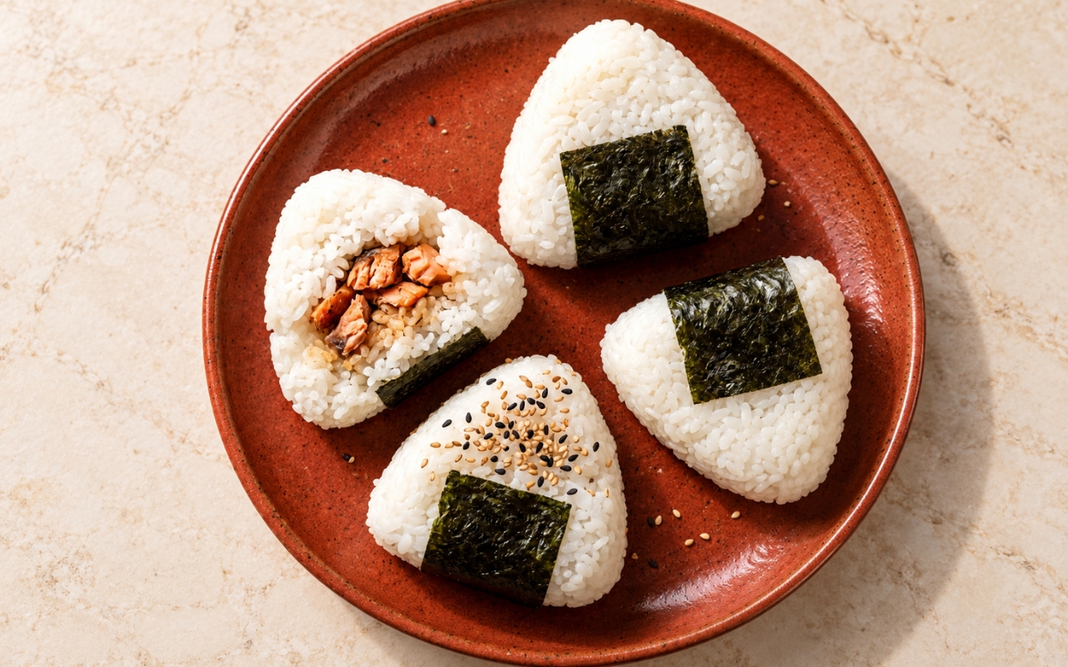 Onigiri rice balls showing compact triangles of short-grain rice with a crisp nori strip around the base and a sprinkle of sesame seeds, on marble surface