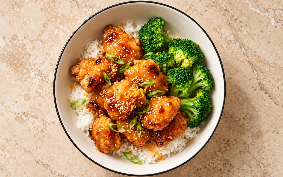 Orange chicken rice bowl showing glossy orange-glazed crispy chicken over fluffy jasmine rice with steamed broccoli, sesame seeds, scallions, and orange zest, on marble surface