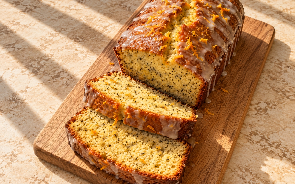 Sliced orange and Earl Grey loaf with citrus glaze and scattered orange zest on top