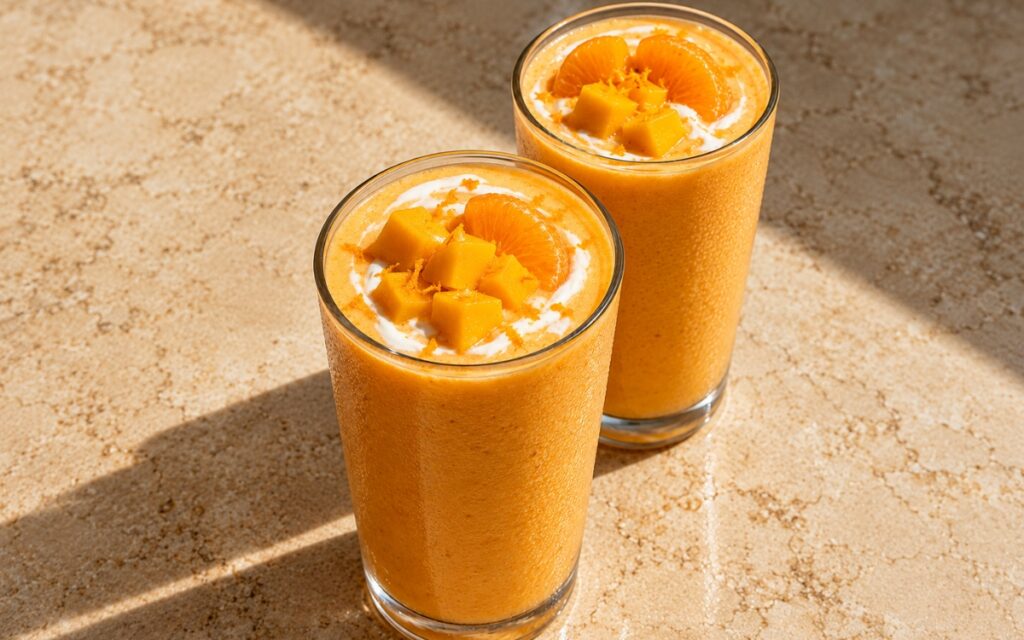 Orange mango creamsicle smoothie showing a thick glossy orange smoothie topped with a yogurt swirl, orange segments, and mango cubes, on marble surface