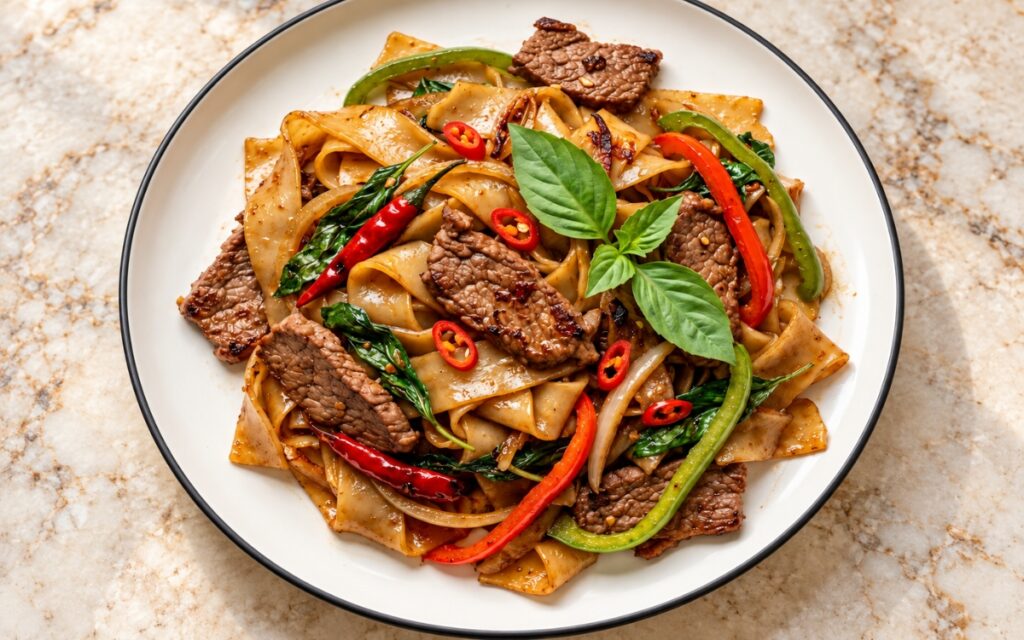 Pad Kee Mao / Thai Drunken Noodles showing wide rice noodles with seared beef, red and green bell peppers, Thai basil and sliced chillies, on marble surface
