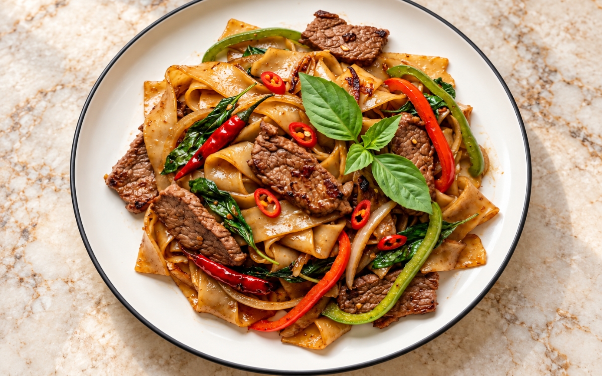 Pad Kee Mao / Thai Drunken Noodles showing wide rice noodles with seared beef, red and green bell peppers, Thai basil and sliced chillies, on marble surface
