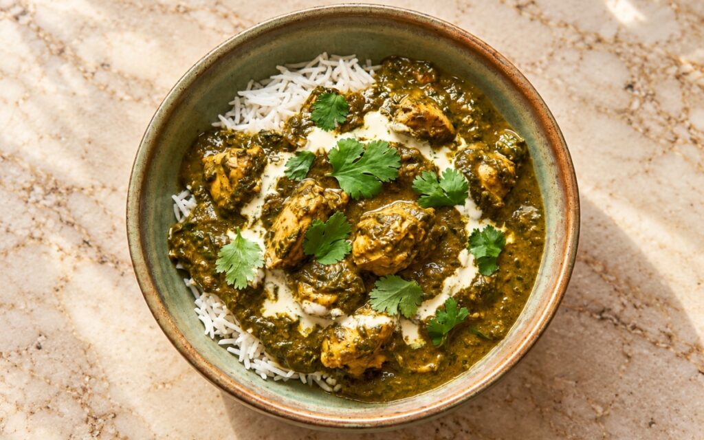Palak chicken curry in a thick green spinach gravy served over basmati rice with cilantro