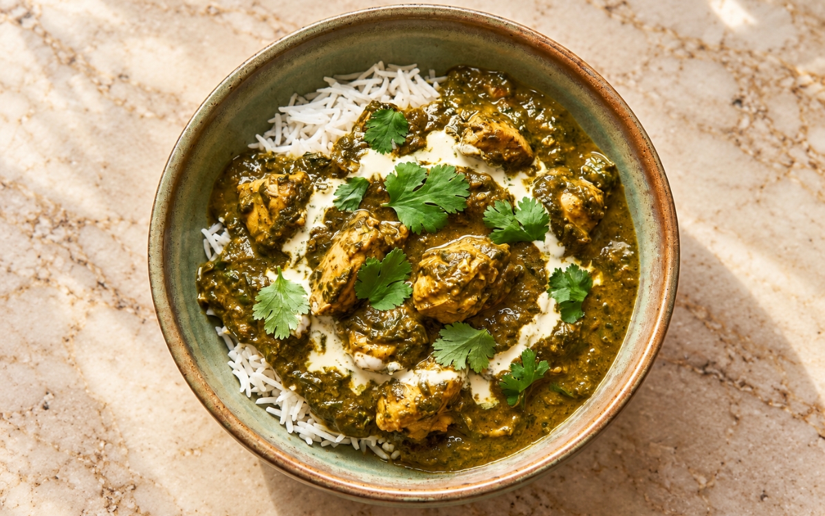 Palak chicken curry in a thick green spinach gravy served over basmati rice with cilantro
