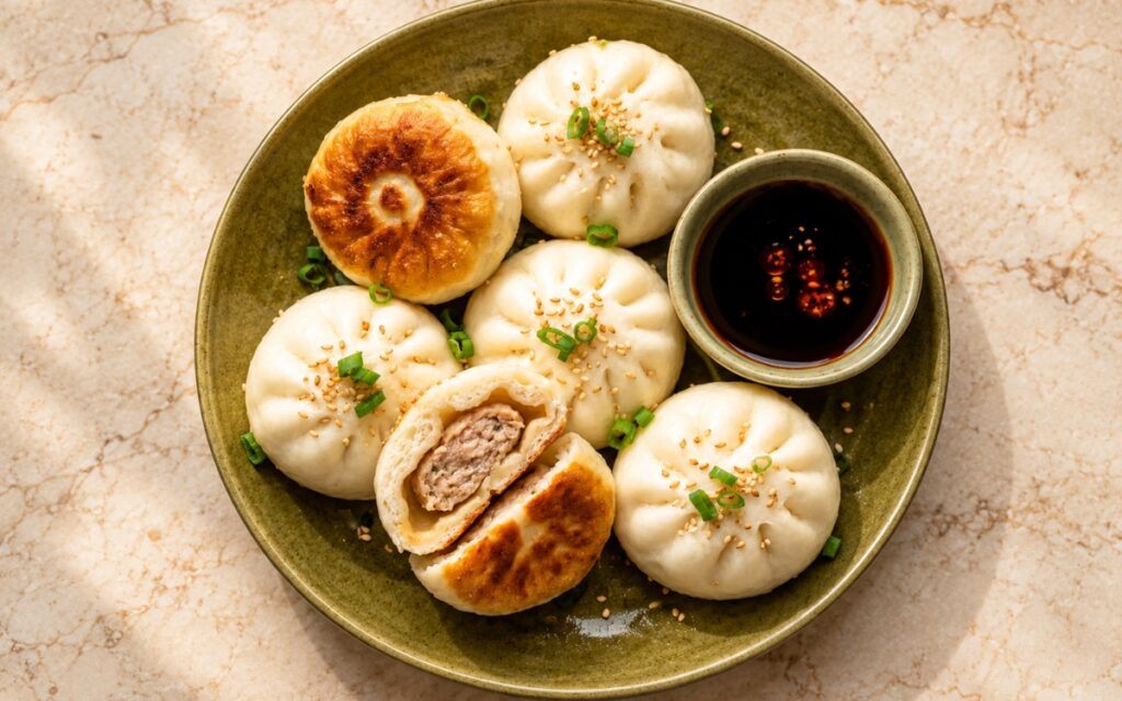 Pan-fried pork buns with pale pleated tops and crisp golden bottoms, sesame seeds and sliced scallions, one opened to show juicy pork filling, on marble surface