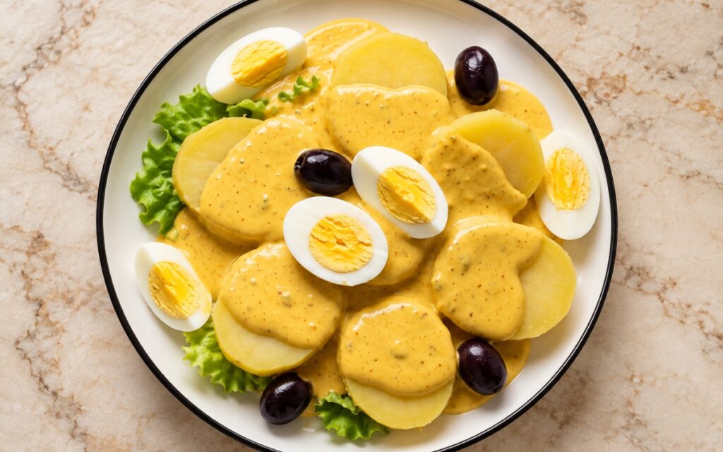 Papa a la Huancaína showing sliced yellow potatoes on crisp lettuce under golden ají amarillo cheese sauce with halved hard-boiled eggs and black olives, on marble surface