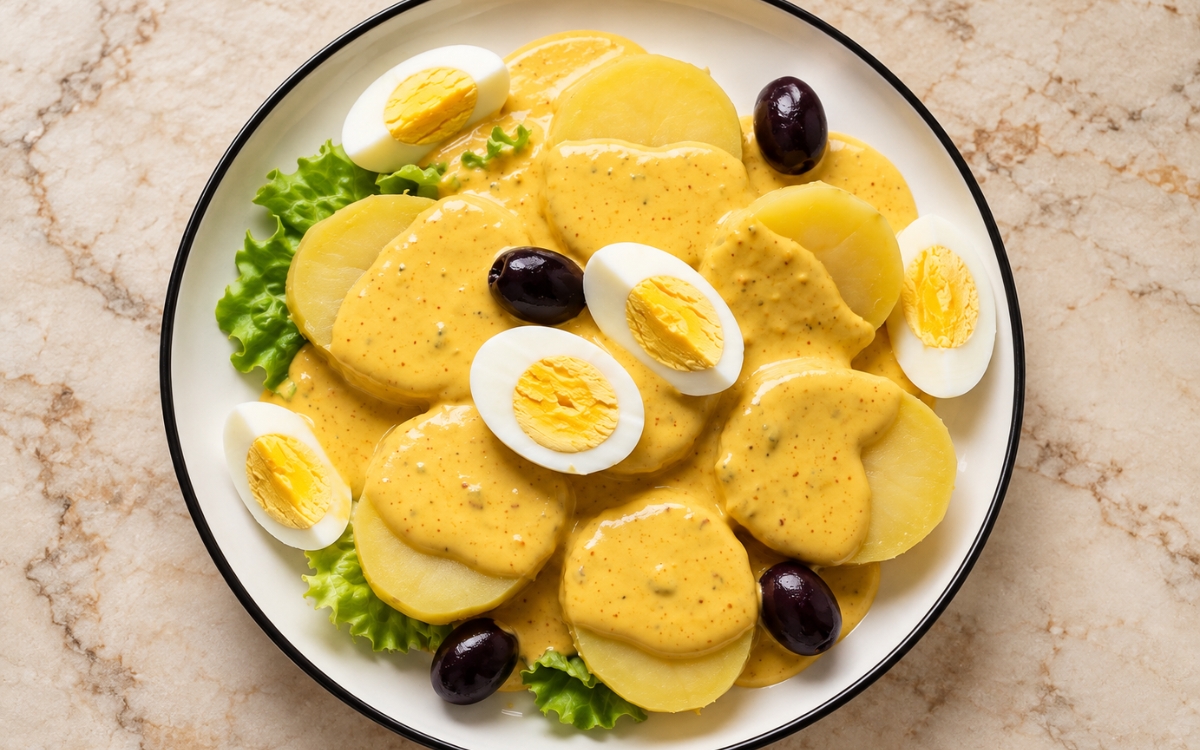 Papa a la Huancaína showing sliced yellow potatoes on crisp lettuce under golden ají amarillo cheese sauce with halved hard-boiled eggs and black olives, on marble surface