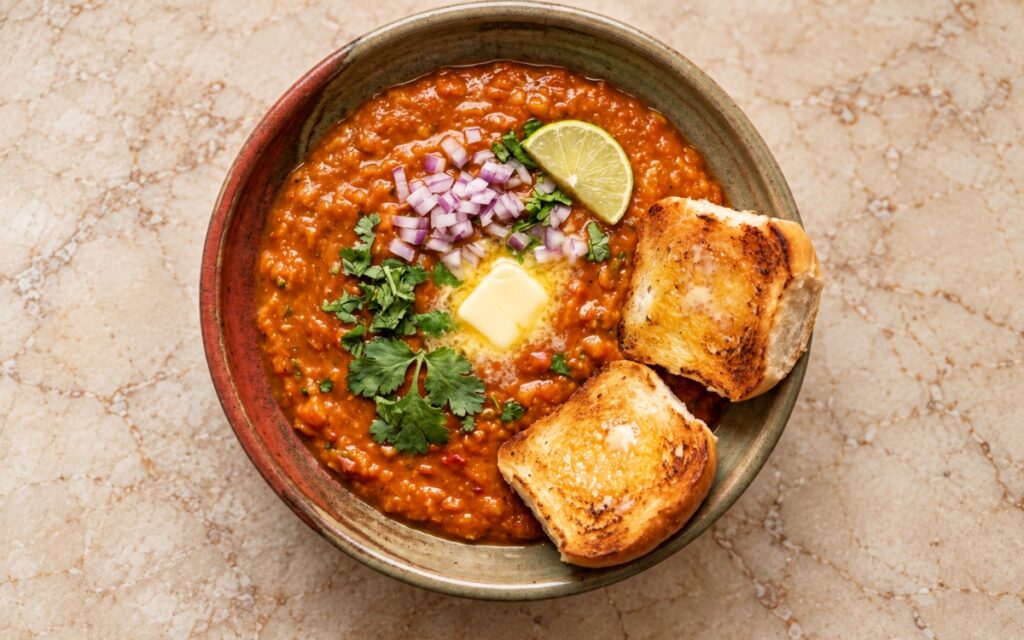 Pav bhaji showing thick orange-red buttery bhaji topped with butter, red onion and cilantro, with golden toasted pav and lime wedges, on marble surface