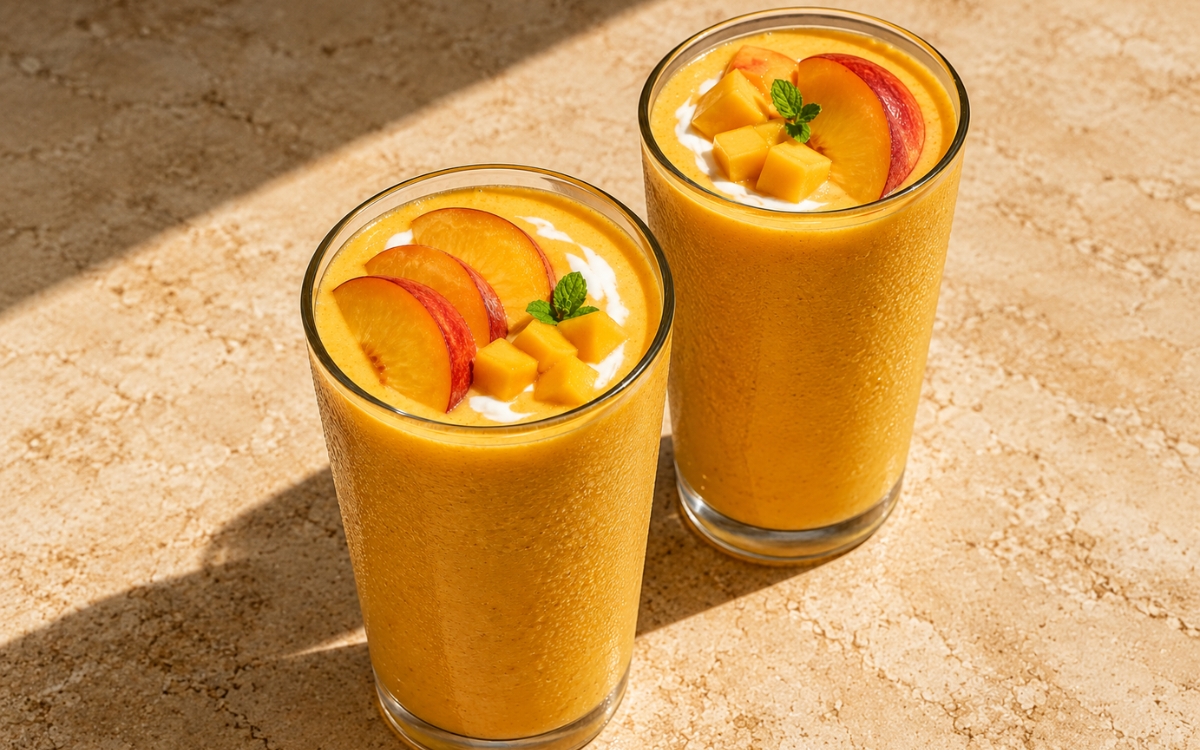 Peach mango smoothie showing a thick glossy orange-gold smoothie topped with a yogurt swirl, peach slices, and mango cubes, on marble surface