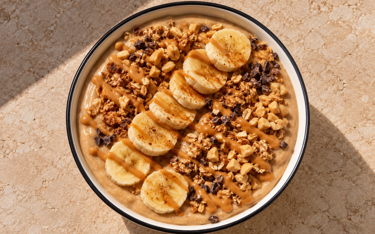 Peanut butter banana protein smoothie bowl topped with banana coins, peanut butter drizzle, chopped peanuts, granola, and cacao nibs