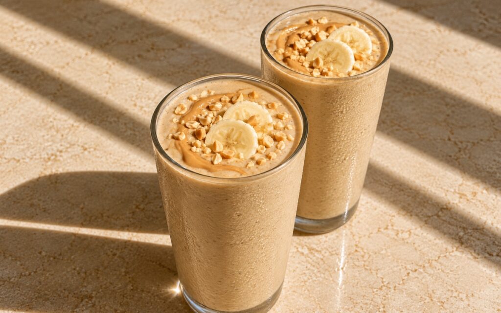 Peanut butter banana protein smoothie showing a thick creamy smoothie topped with a peanut butter swirl, crushed peanuts, and banana coins, on marble surface