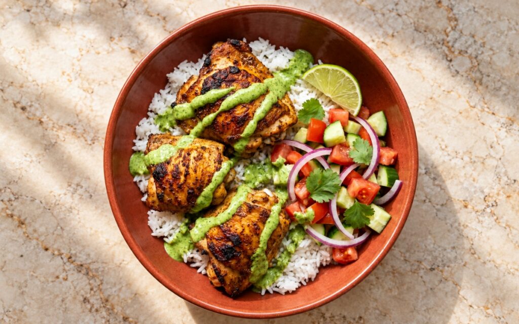 Peruvian chicken rice bowl showing dark roasted chicken thighs over fluffy white rice with tomato-cucumber salad, green ají verde, cilantro, and a lime wedge, on marble surface