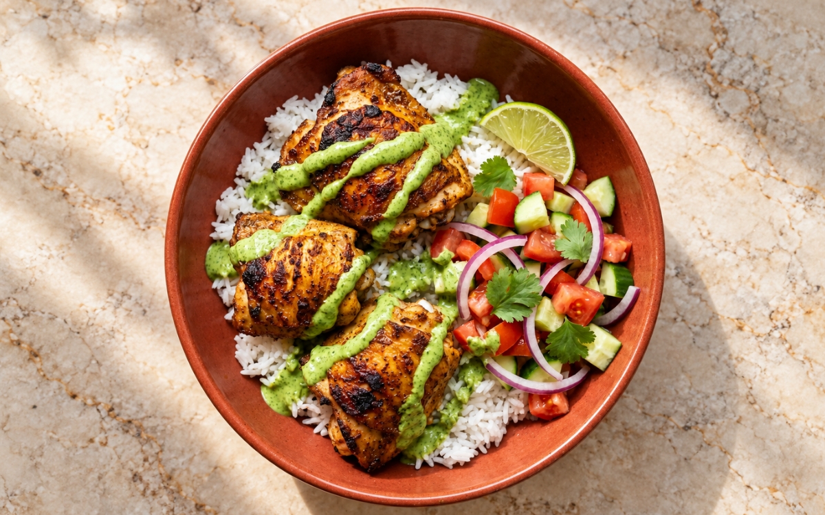 Peruvian chicken rice bowl showing dark roasted chicken thighs over fluffy white rice with tomato-cucumber salad, green ají verde, cilantro, and a lime wedge, on marble surface