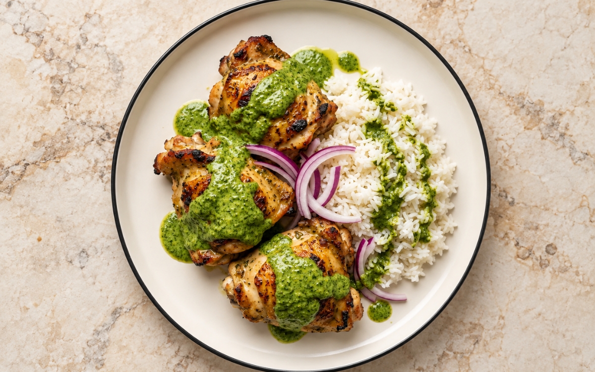 Peruvian green sauce chicken showing charred grilled chicken thighs with creamy green ají verde, fluffy white rice, thin red onion, and a lime wedge, on marble surface