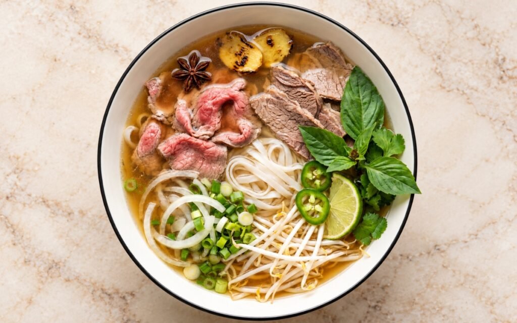 Bowl of Vietnamese beef pho showing clear golden broth with rice noodles, thin rare beef, sliced brisket, bean sprouts, Thai basil, and lime on marble surface