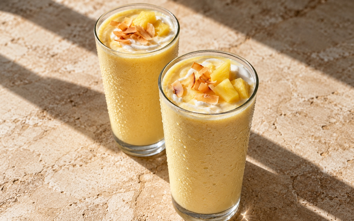 Piña colada protein smoothie in a tall glass showing a thick tropical drink with a coconut cream swirl, pineapple chunks, and toasted coconut flakes, on marble surface