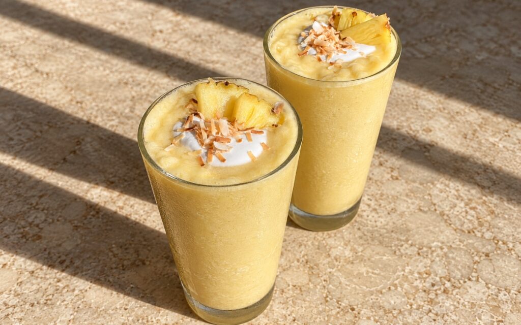 Pineapple coconut smoothie showing a thick pale yellow smoothie topped with a coconut cream swirl, pineapple chunks, and toasted coconut flakes, on marble surface