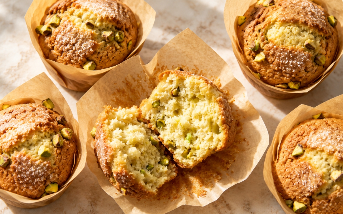 Pistachio lemon muffins with pale golden domed tops and visible pistachio pieces