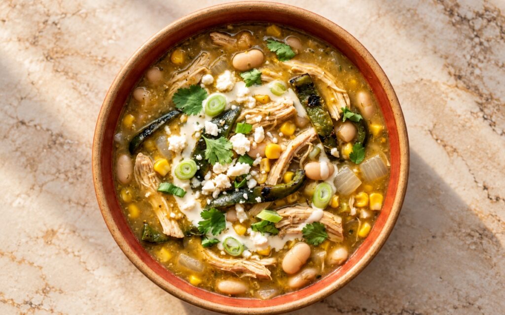 Poblano chicken chili soup showing shredded chicken, white beans, corn, and green poblano strips in a creamy greenish-golden broth with crema, queso fresco, and cilantro, on marble surface