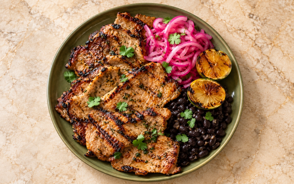 Poc chuc showing thin charred pork steaks with pink pickled red onions, black beans, charred orange halves, and cilantro, on marble surface