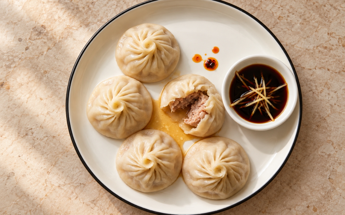 Pork soup dumplings with fine pleated twisted tops on a warm white plate, one opened to show pork filling and golden soup, with black vinegar ginger dip, on marble surface