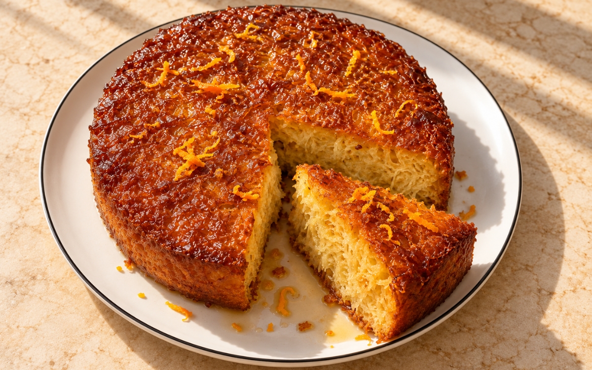 Slice of Portokalopita showing syrup-soaked phyllo strands and a glossy golden top