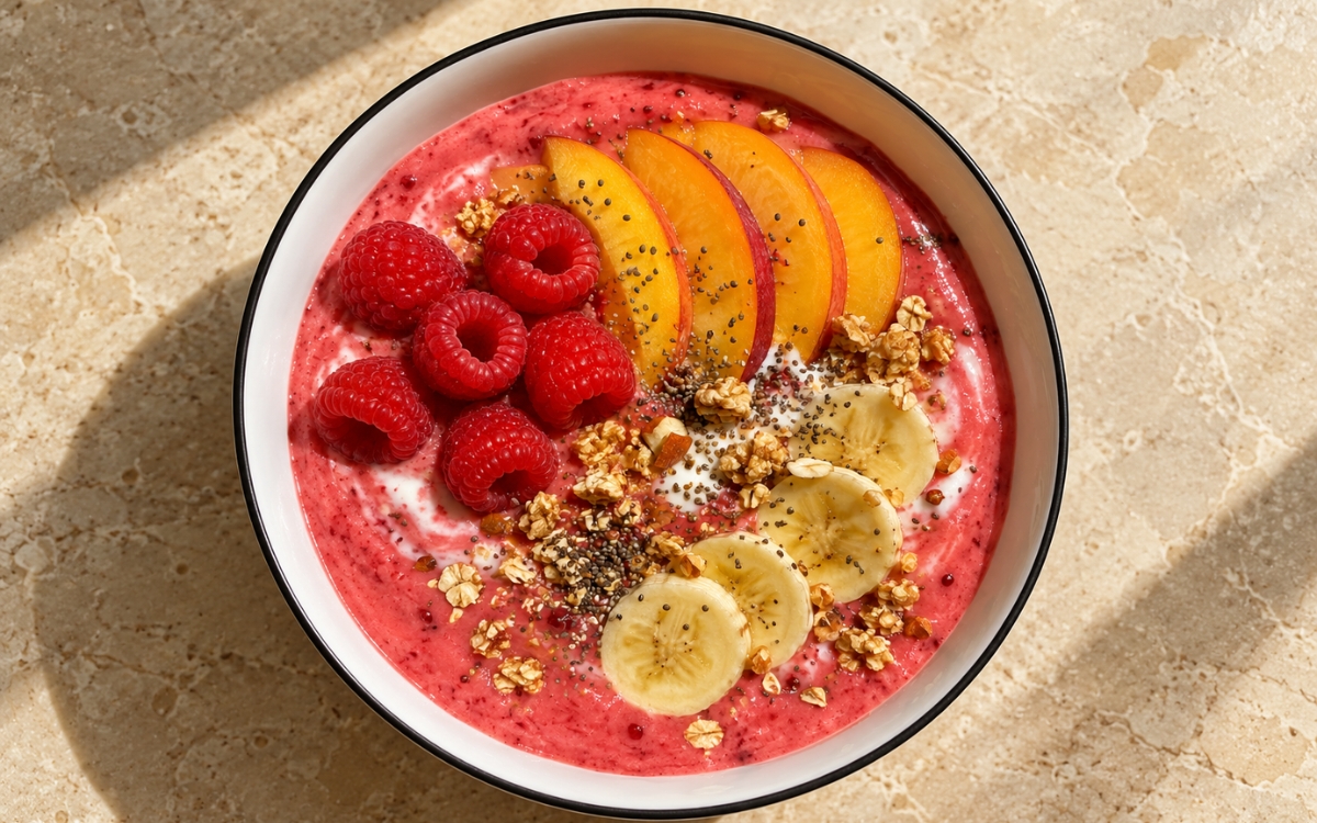 Raspberry peach smoothie bowl topped with thin peach slices, fresh raspberries, banana coins, granola, and a yogurt swirl