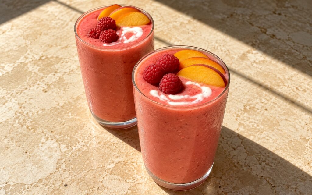 Raspberry peach smoothie showing a thick coral-pink smoothie topped with a yogurt swirl, fresh raspberries, and thin peach slices, on marble surface